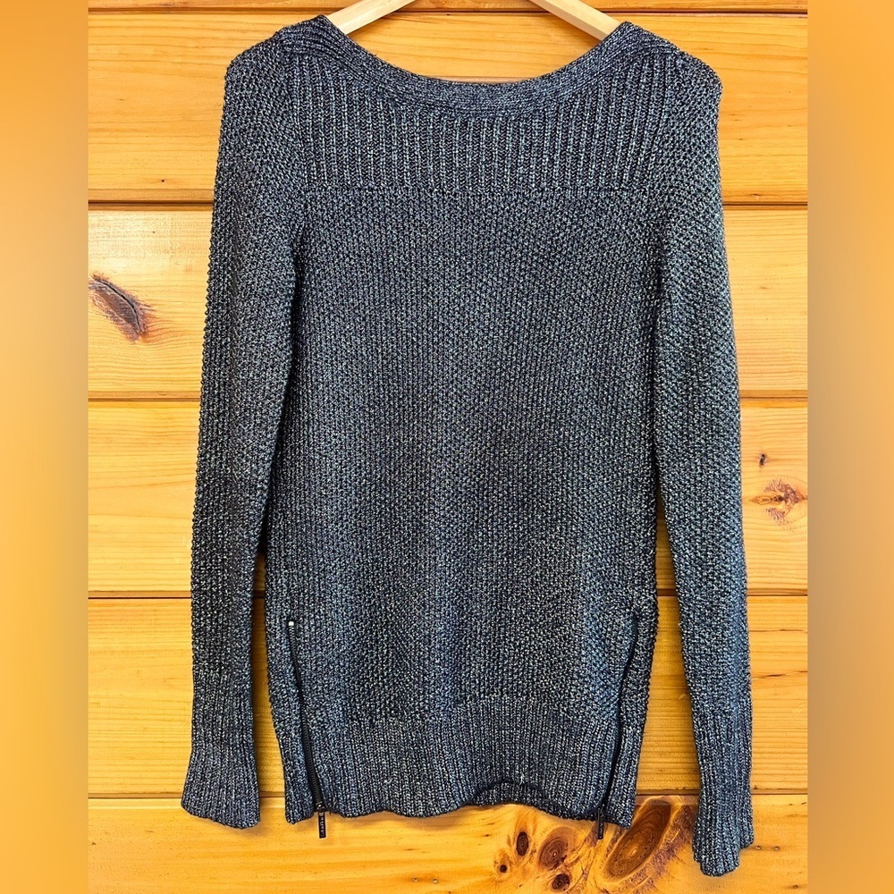 Calvin Klein 2 Zip at Hem Black/Silver Metallic Knit Sweater Women’s Size S